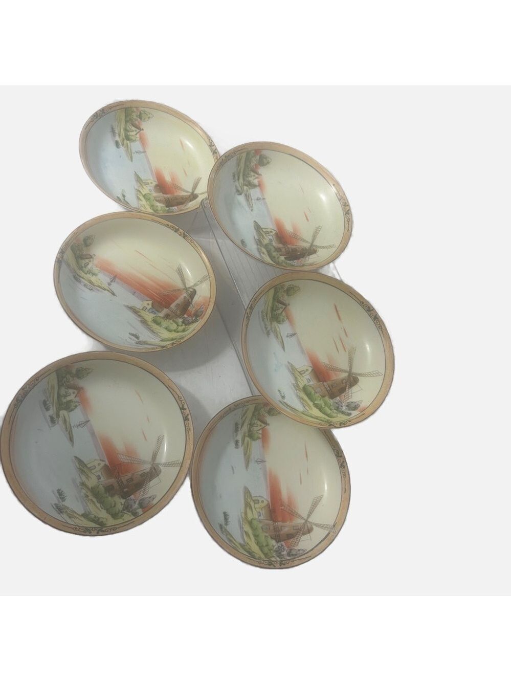 Vintage Handpainted Porcelain Nippon Japan Dessert Salad Bowls Set of 6 Windmill